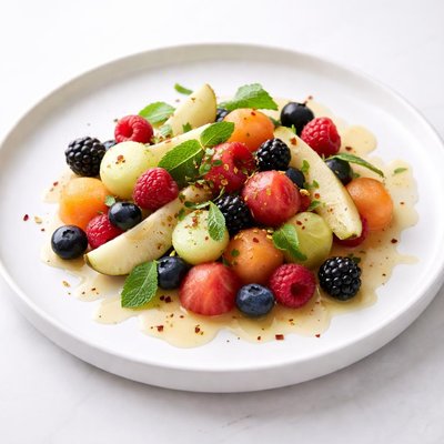 Image of Melon Berry and Pear Salad with Cayenne Lemon Mint Syrup