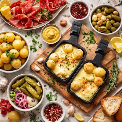 Image of Melted Cheese with Potatoes and Pickles Raclette