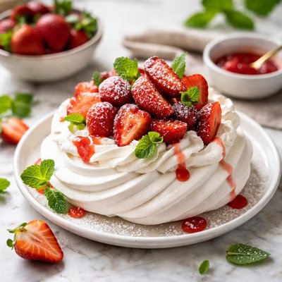 Image of Meringue with Strawberries and Cream