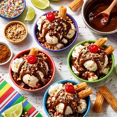Image of Mexican Ice Cream Sundaes with Cinnamon Chocolate Sauce