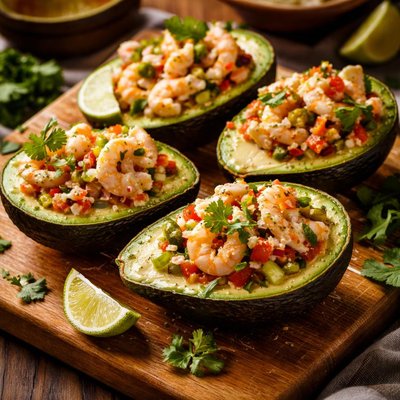 Image of Mexican Seafood Filled Avocados Aquacates Con Mariscos