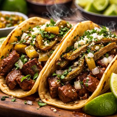Image of Mexican Take Out Carne Asada Tacos with Roasted Poblano Rajas