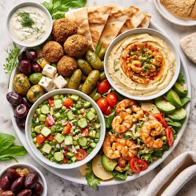Image of Meze Platter Hummus Shrimp Salad Cucumber Salad