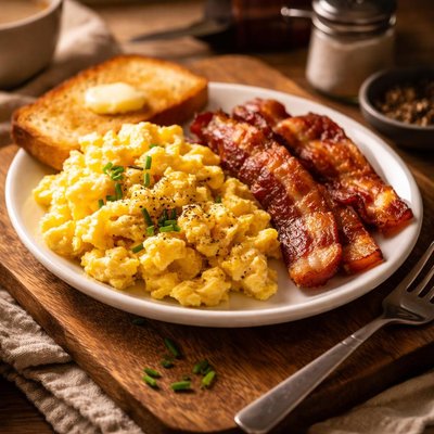 Image of Microwaved Bacon and Eggs for One