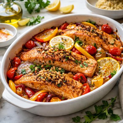 Image of Middle Eastern Fish or Salmon with Peppers and Tomatoes