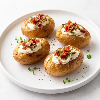 Image of Mini Baked Potatoes with Mascarpone and Prosciutto Bits