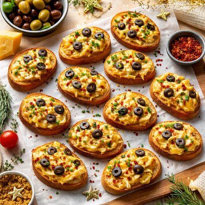 Image of Mini Cheese and Olive Welsh Rarebit Bites for Festive Frolics