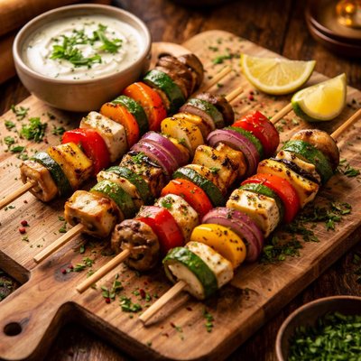 Image of Vegetarian Mini Kebabs with Yogurt Mint Sauce