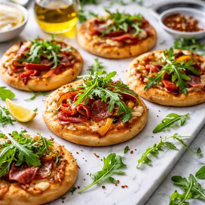 Image of Mini Pizzas with Arugula Peppers Prosciutto