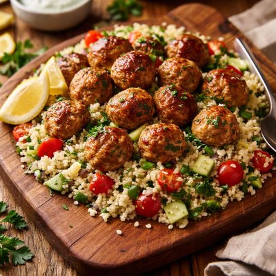 Image of Mini Turkey Meatballs with a Fresh Couscous Salad