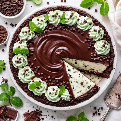 Image of Mint Chocolate Chip Cheesecake Pie with Chocolate Ganache