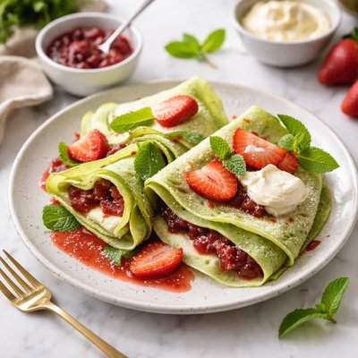 Image of Mint Crepes with Strawberry Preserves and Mascarpone Cheese