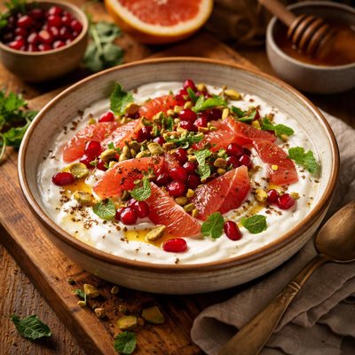 Image of Minted Pomegranate Yogurt with Grapefruit Salad