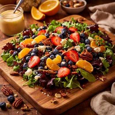 Image of Mixed Fruit and Spring Greens with White Chocolate Orange Vinaig