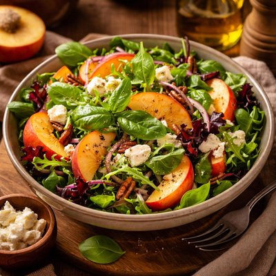 Image of Mixed Green Salad with Fresh Peaches Basil and Chevre