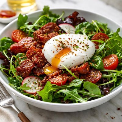 Image of Mixed Greens with 5 Spiced Bacon and Poached Egg