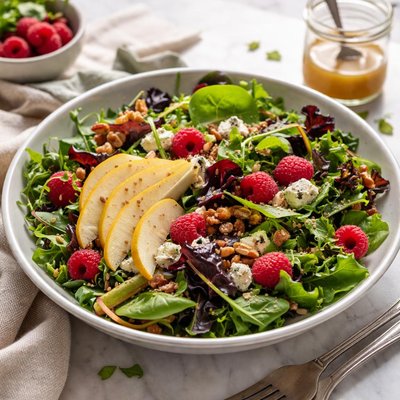 Image of Mixed Greens with Pears and Raspberries