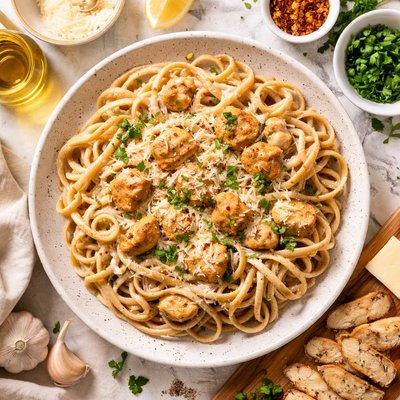 Image of Mock Chicken Fettuccine Alfredo Using Whole Wheat Linguine