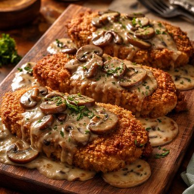 Image of Moist Baked Breaded Pork Chops in Mushroom Gravy