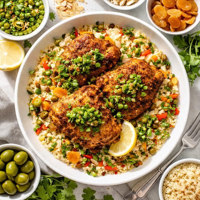 Image of Moroccan Chicken with Apricot Couscous and Green Olive Sauce