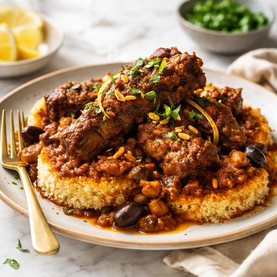 Image of Moroccan Inspired Country Style Rib Ragu with Couscous Cakes