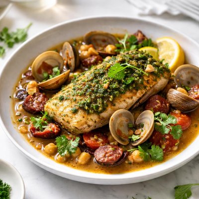 Image of Moroccan Pesto Rockfish with Clam and Chorizo Sauce