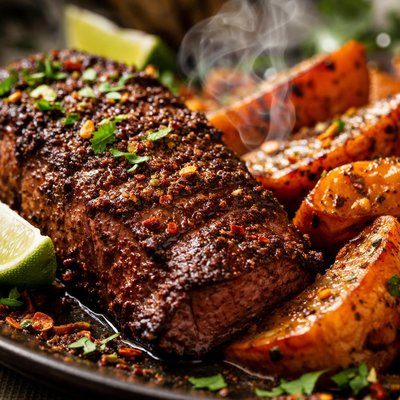 Image of Moroccan Rubbed Grilled Steak and Sweet Potatoes