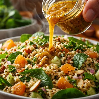 Image of Moroccan Spiced Lemon Dressing and Quinoa Apricot Spinach Salad
