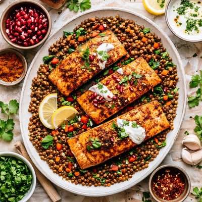 Image of Moroccan Spiced Salmon Over Lentils
