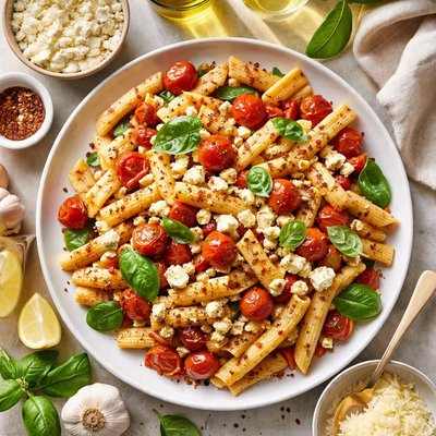 Image of Mostaccioli with Roasted Tomato Feta and Garlic