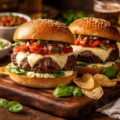 Image of Mozzarella Cheeseburgers with Basil Mayonnaise and Tomato Salsa
