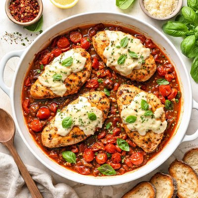 Image of Mozzarella Topped Chicken with Roasted Tomato and Basil Sauce