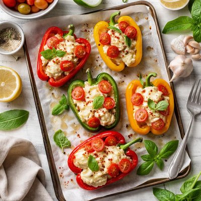 Image of Mozzarella Topped Peppers with Tomatoes and Garlic