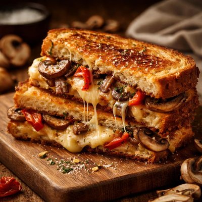 Image of Mushroom and Pepper Cheese Toastie Grilled Cheese Sandwich