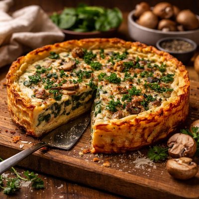 Image of Mushroom and Spinach Quiche with Potato Crust