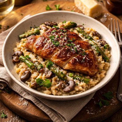 Image of Mushroom Asparagus Risotto with Crisped Chicken