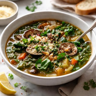 Image of Mushroom Barley and Collards Soup