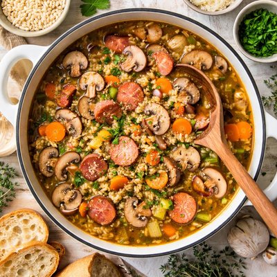 Image of Mushroom Barley Kielbasa Soup