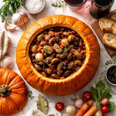 Image of Mushroom Bourguignonne in a Whole Pumpkin