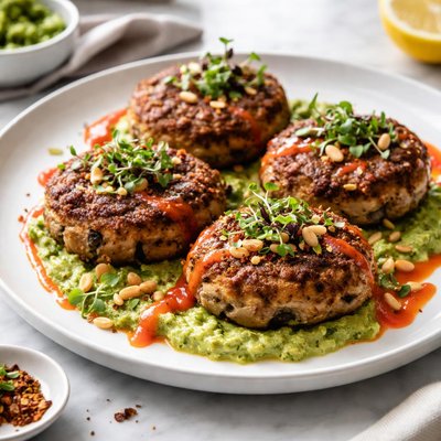 Image of Mushroom Cakes W Avocado Pesto and Red Pepper Coulis