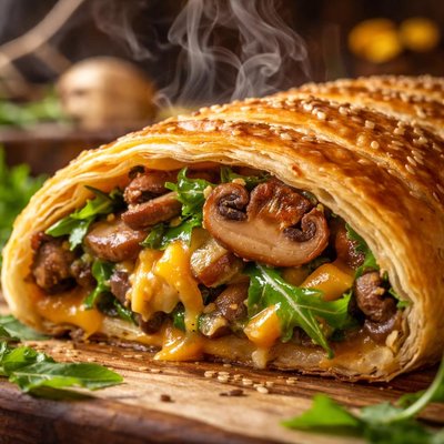 Image of Mushroom Cheddar Arugula Strudel