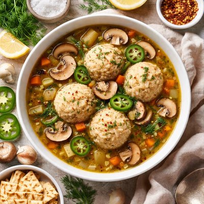Image of Mushroom Jalapeno Matzo Ball Soup