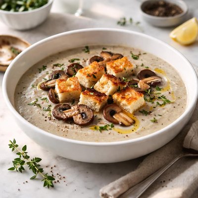 Image of Mushroom Soup with Halloumi Croutons