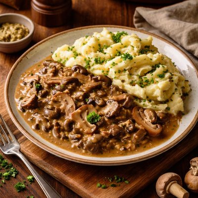 Image of Mushroom Stroganoff with Mustard and Chive Mash