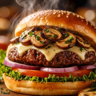 Image of Vegan Mushroom Swiss Burger