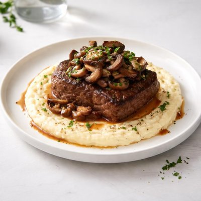 Image of Mushroom Topped Steaks with Creamy Polenta