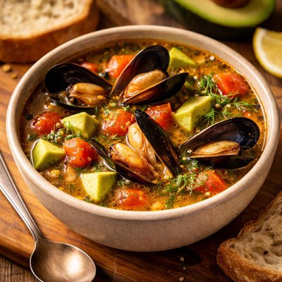 Image of Mussel Soup with Avocado Tomato and Dill