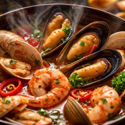 Image of Mussels Clams and Shrimp in Spicy Broth