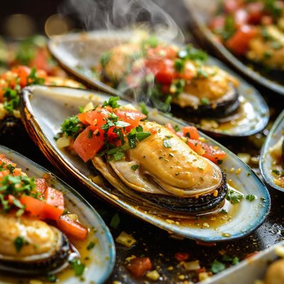 Image of Mussels in Half Shells with Cilantro and Tomato