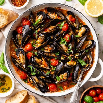 Image of Mussels in Tomato Basil Wine Sauce